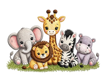 Motif de broderie mignon animaux de safari, fichier de broderie Machine bébé éléphant girafe lion, cadeau de baby shower pour chambre d'enfant
