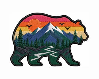 Motif de broderie ours des forêts, motif de broderie ours des montagnes, silhouette d'animal sauvage avec la nature, motif de broderie ours scène de forêt
