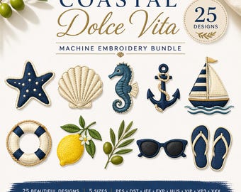 25 motifs de broderie machine Dolce Vita côtières, lot de broderies d'été italien, lot de broderies d'été de luxe