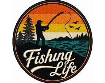 Fishing Life Embroidery Design, Vintage Sunset Lake Patch, Fisherman Scene (Digital File)