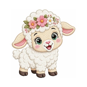 Broderidesign för blommigt lamm, sött får med blommor, maskinbroderifil, broderimönster för vårlamm, gårdsdjur för barn