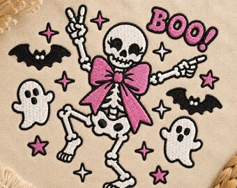 Halloween Dancing Skeleton Embroidery Design, Girly Spooky Season Machine Embroidery File, Coquette Halloween Spooky Bats Ghosts Embroidery
