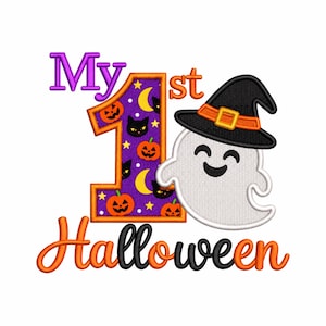May include: An embroidered design featuring the text My 1st Halloween in purple and orange. The number 1 is purple with orange pumpkins, black cats, and yellow moons. A white ghost wearing a black witch hat with an orange band sits beside it.