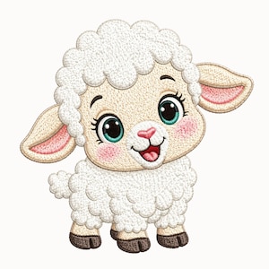 Puede incluir: Un alegre cordero de dibujos animados con lana blanca y esponjosa, grandes ojos turquesa y mejillas y orejas rosas. El cordero sonríe, con la lengua rosa visible. Sus pezuñas son marrones. Adecuado para productos infantiles.