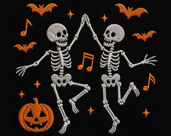 Motif de broderie squelette de danse d'Halloween, broderie de danse squelette, broderie squelette effrayant, broderie de têtes de mort drôles d'Halloween