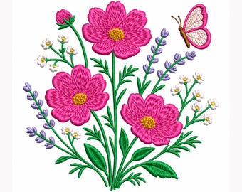 Pink Floral Bouquet Embroidery Design, Wildflower Embroidery Design, Feminine Floral Embroidery Pattern, Cosmos Flower Embroidery Design