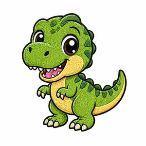May include: A green cartoon dinosaur with large brown eyes, a yellow belly, and a smiling expression. The dinosaur has a detailed embroidered texture and is set against a white background. The design is suitable for children's apparel or accessories.