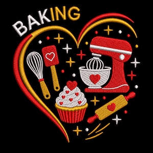 May include: An embroidery design on a black background featuring the word BAKING in white and gold letters. A large heart outline surrounds a red stand mixer, a white cupcake with red hearts, a whisk, a spatula, and a rolling pin with red accents.