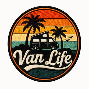 May include: Embroidered patch with a circular design featuring a black van with an open top, palm trees, and the text "Van Life" in white script. The background has horizontal stripes of orange, yellow, teal, and black.
