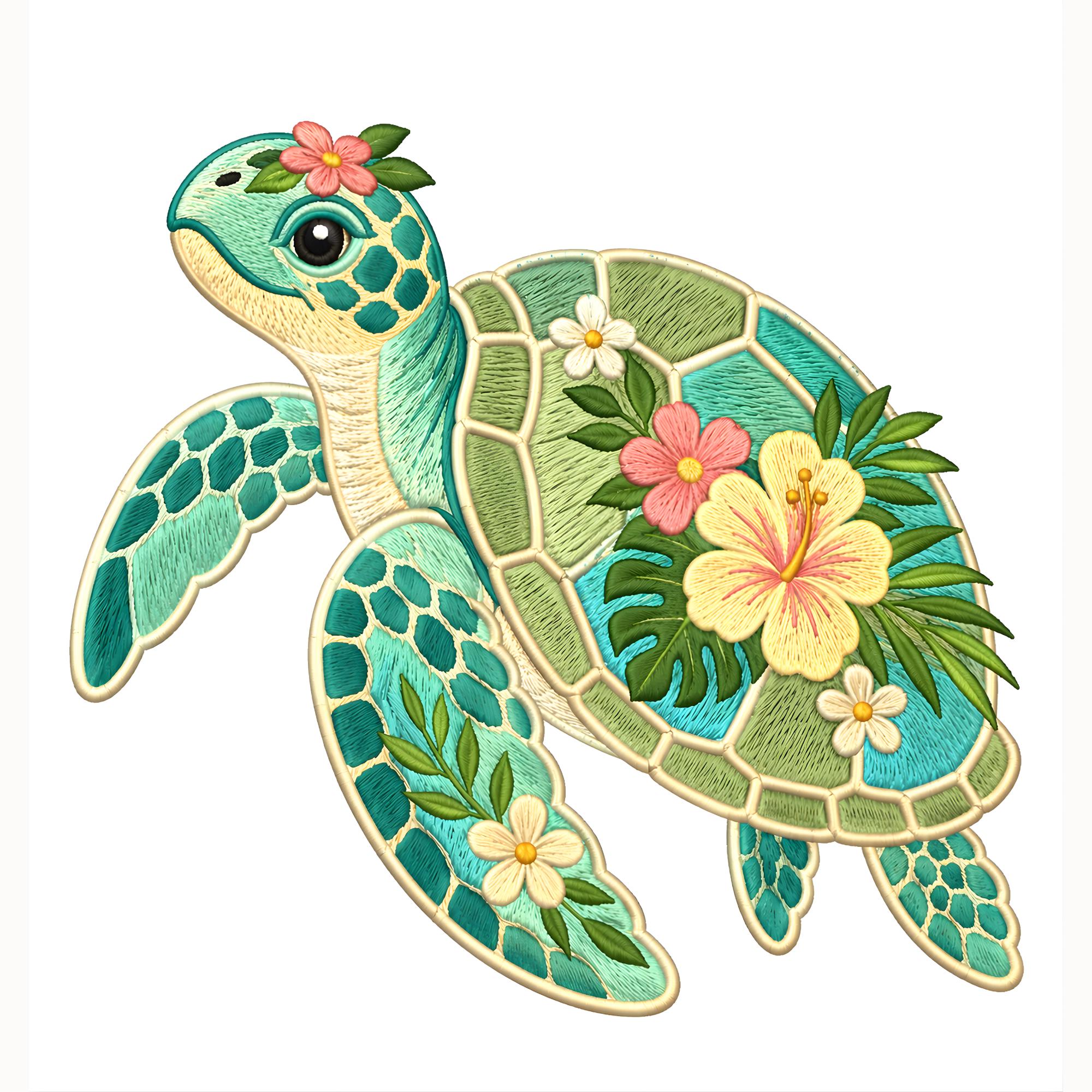 Floral Sea Turtle Embroidery Design, Tropical Floral Turtle Embroidery ...