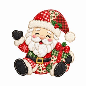 May include: A decorative applique of a smiling Santa Claus figure featuring a patchwork-style hat and suit in red, green, and white. The design includes a black belt with a gold buckle, black mittens and boots, and a gift box with a red bow.