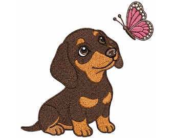 Motif de broderie papillon chiot teckel, motif patch chien kawaii (téléchargement numérique)
