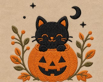 Motif de broderie chat citrouille d'Halloween, broderie Machine girly automne, fichier de broderie Halloween automne (téléchargement numérique)