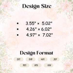 May include: A digital design image with the text "Design Size" and three size options: 9.02 cm x 12.75 cm, 10.82 cm x 15.29 cm, and 12.62 cm x 17.83 cm. Below, the text "Design Format" is followed by file format abbreviations: DST, EXP, HUS, JEF, PES, VP3, and XXX.