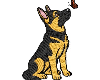 Borduurontwerp Duitse herder, schattige hond met vlinder machineborduurbestand, huisdier minnaar cadeau, hond borduurontwerpen, Instant Download