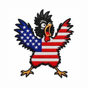 May include: Embroidered patch featuring a cartoon rooster with the American flag design. The rooster has a black head, red comb and wattle, and its wings are the American flag. The rooster is in a surprised or excited pose.