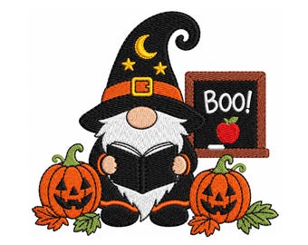 Motif de broderie professeur d'Halloween, fichier de broderie gnome professeur, broderie nain de lecture, broderie professeur citrouille, cadeau professeur automne