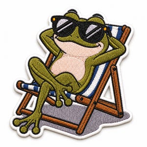 May include: Embroidered patch featuring a relaxed green frog wearing sunglasses, lounging in a blue and white striped beach chair. The frog has its arms behind its head, with a white border around the patch.