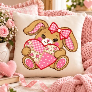 Patchwork Valentine Heart Applique Embroidery Design, Bunny Quilt Style Machine Embroidery, Valentine Embroidery Design (Instant Download)