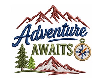 Motif de broderie L'aventure vous attend, fichier de broderie de camping, broderie machine de randonnée, fichier de broderie montagne, camping-car (fichier numérique)