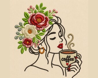 Floral Coffee Woman Embroidery Design, Cottagecore Girl Machine Embroidery File, Line Art Floral Lady, Coffee Lover Gift (Digital Download)