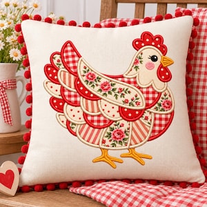 Patchwork Chicken Applique Embroidery, Vintage Hen Machine Embroidery File, Farmhouse Chicken Quilt Pattern, Hen Applique (Instant Download)
