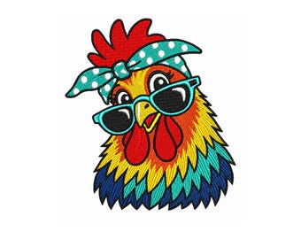 Motif de broderie drôle de coq, fichier de broderie poulet avec bandana et lunettes de soleil, motif de broderie animaux de la ferme (téléchargement numérique)