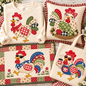 Puede incluir: Una sudadera color crema, un cojín cuadrado con bordes de volantes rojos, un mantel individual acolchado rectangular y una bolsa de tela. Cada artículo presenta un diseño de aplique de una gallina con patrones florales, cuadros y lunares.