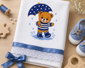 Teddy Bear Embroidery Design, Baby Bear with Umbrella Machine Embroidery Files, Nursery Decor Machine Embroidery (PES JEF DST)