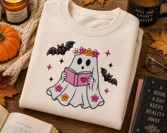 Floral Ghost Reading Book Embroidery Design, Halloween Ghost Embroidery File, Book Lover Gift Machine Embroidery (Digital Download)