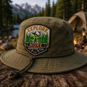 May include: Olive green bucket hat with a patch that reads "EXPLORE MORE ADVENTURE CLUB." The patch features a mountain scene with a hiker. The hat has a chin strap and metal eyelets. Perfect for outdoor adventures.