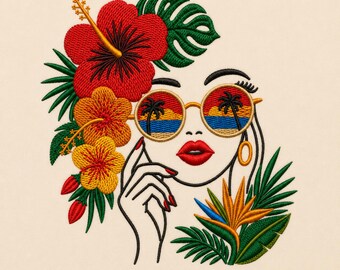 Tropical Woman Embroidery Design, Hibiscus Floral Line Art, Beach Vibes (Digital Download)