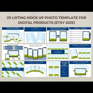 May include: A graphic showcasing a 25-listing mock-up photo template for digital products, Etsy size. The design includes various layouts for product bundles, landing pages, and customization options. The text includes "Product Title Here" and "How It Works."