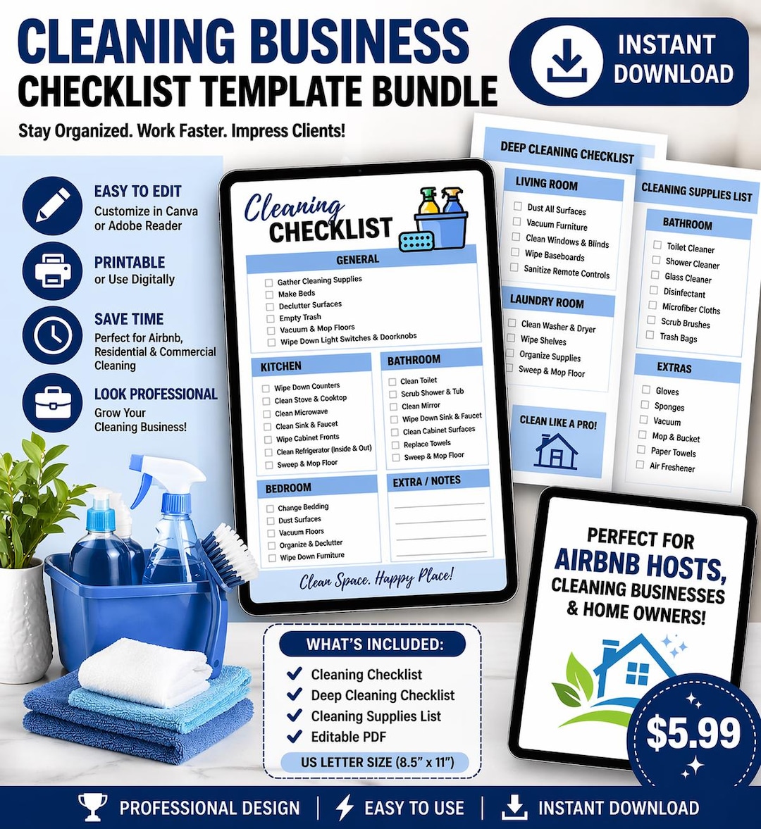 Cleaning Checklist Template | Editable Cleaning Checklist PDF | Airbnb