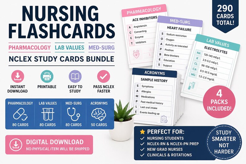 Nursing Flashcards Printable | NCLEX Study Cards | Pharmacology Lab ...
