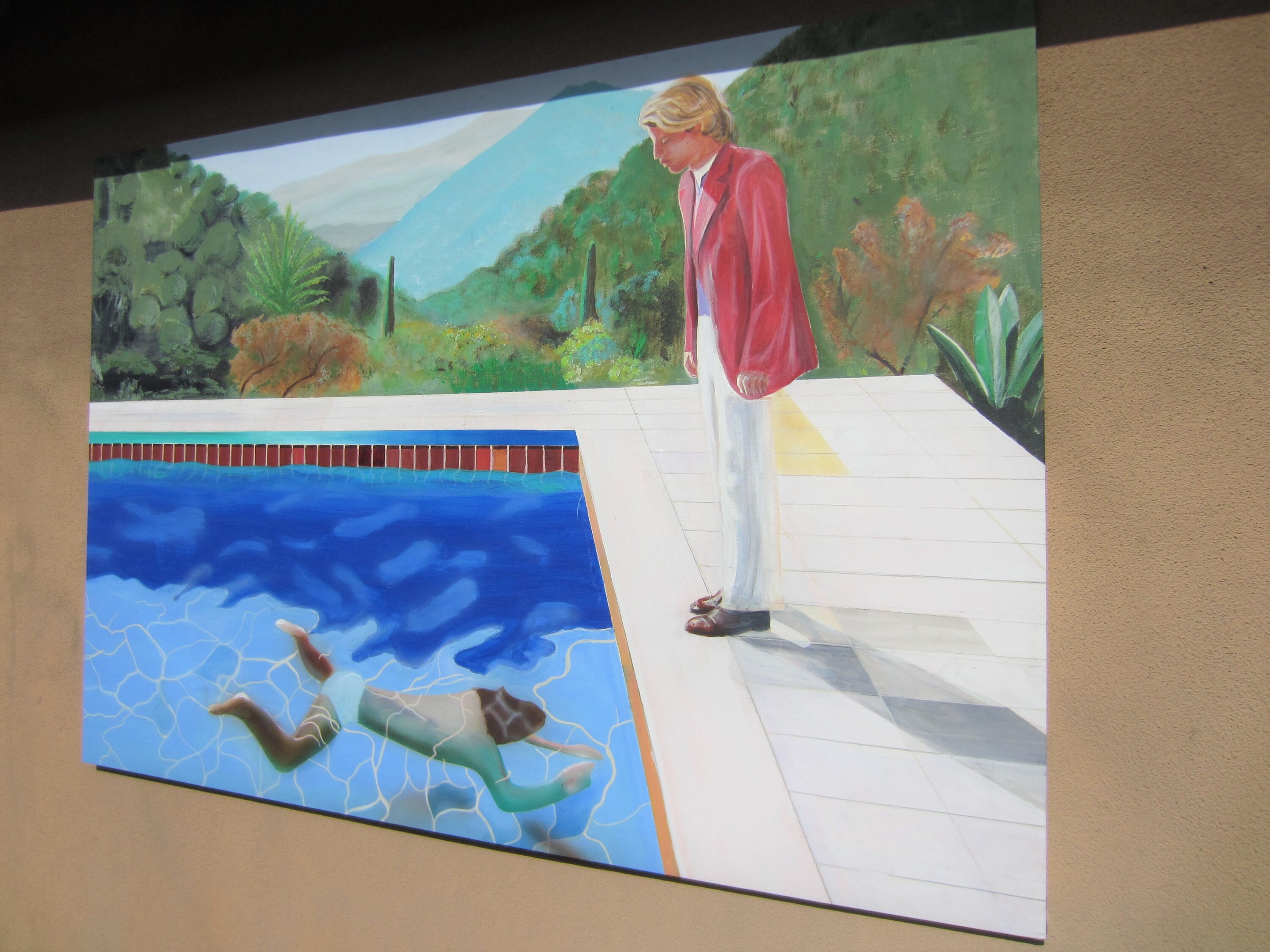 Fab Huge David Hockney Style Painting On Canvas Pool Two Figures