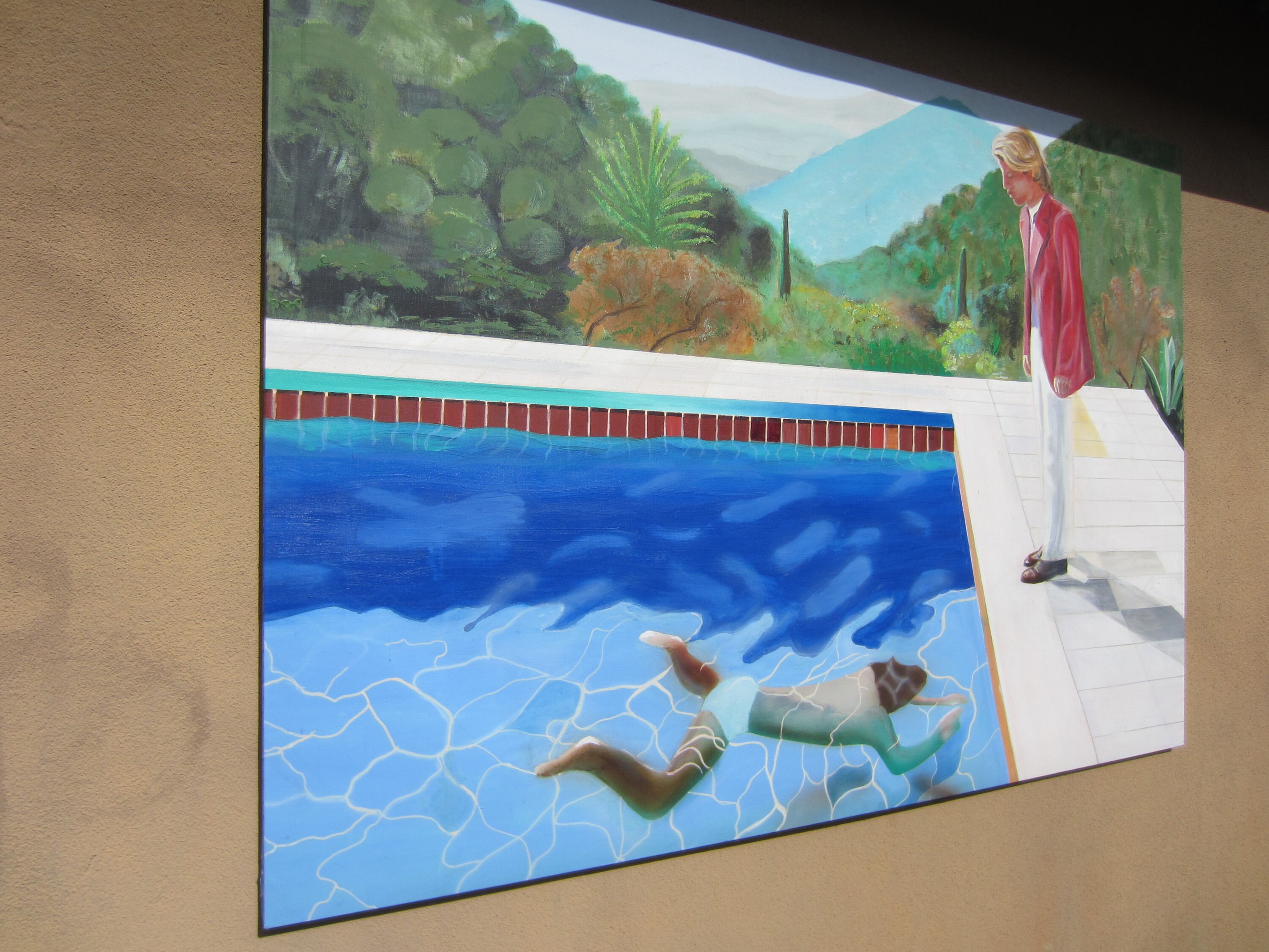 Fab Huge David Hockney Style Painting On Canvas Pool Two Figures