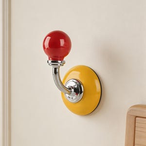 May include: A wall-mounted coat hook with a bright red, spherical knob. The hook has a curved, chrome-colored arm that connects to a round, yellow base. The hook is mounted on a cream-colored wall.