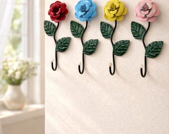 Gancho de pared con forma de rosa de hierro, colgador decorativo estilo rústico, montaje adhesivo sin necesidad de taladrar.