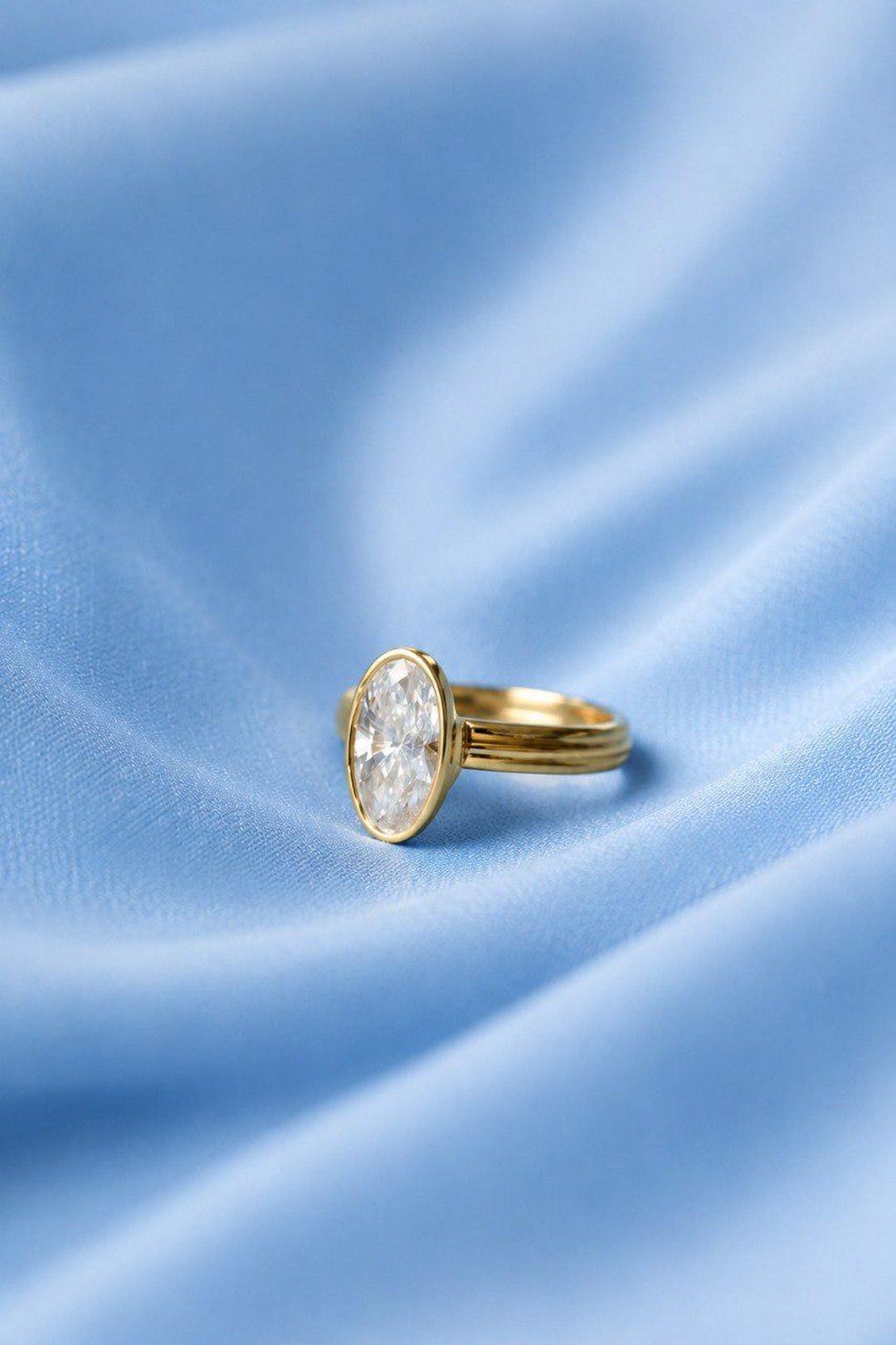 14K Gold Oval Bezel Moissanite Engagement Ring – Minimalist Solitaire ...