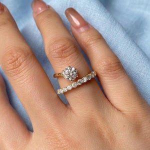 Round Cut Moissanite Solitaire Open Ring Set, 14K Gold Pave Diamond Band Ring, Delicate Bridal Stacking Ring, Minimalist Wedding Ring Gift