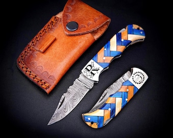 Handgjord Damaskus fickkniv Anpassad marskalken present Jubileumspresent till honom Pappa make Personlig present till make
