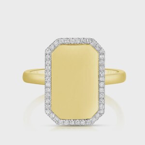 Pave Diamond Border Ring 14k Gold Lab Created Modern Rectangular Shaped Signet Ring Geometric Engravable Ring Minimalist Statement Jewelry