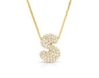 Pave Diamond Bubble Letter Necklace 14k Real Gold Personalized Initial Charm Necklace Minimalist Sparkle Custom Diamond Luxury Jewelry