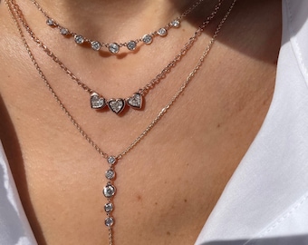 Bezel Diamond Lariat Necklace Minimalist Sparkle Dangling Lab Diamond Drop Y Necklace 14k Real Gold Dainty Everyday Fine Jewelry