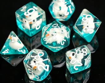 D&D dobbelset, schattige hars dobbelset met eendjes, inclusief witte eendjes, D&D dobbelstenen, handgemaakte RPG polyhedrale dobbelstenen.