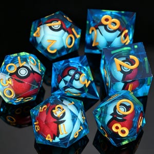 DnD Dice set,Pokéball Resin Dice Set , Blue Dice with 3D Pokéball Inclusions , D&D Dice for Pokemon Fans , Handmade RPG Polyhedral Dice