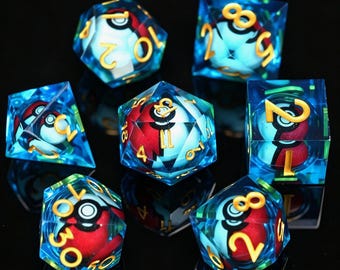 DnD Dice set,Pokéball Resin Dice Set , Blue Dice with 3D Pokéball Inclusions , D&D Dice for Pokemon Fans , Handmade RPG Polyhedral Dice
