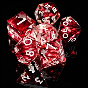 May include: A set of seven polyhedral dice made of translucent red resin with swirling dark inclusions and crisp white numbers. The collection includes a d20, d12, d10, d8, d6, d4, and a percentile die, all featuring sharp edges and clear, legible numbering.