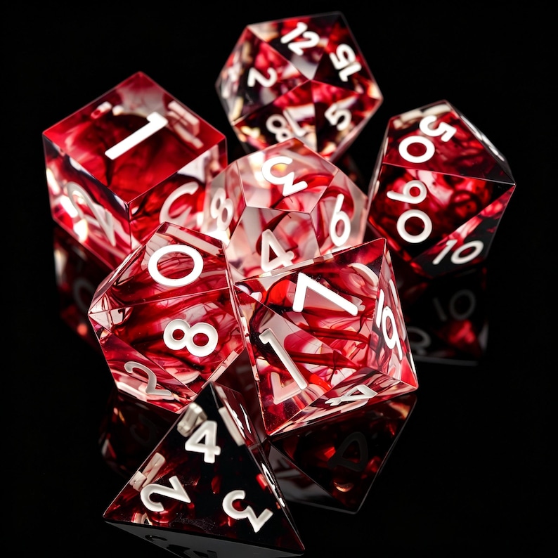 May include: A set of seven polyhedral dice made of translucent red resin with swirling dark inclusions and crisp white numbers. The collection includes a d20, d12, d10, d8, d6, d4, and a percentile die, all featuring sharp edges and clear, legible numbering.